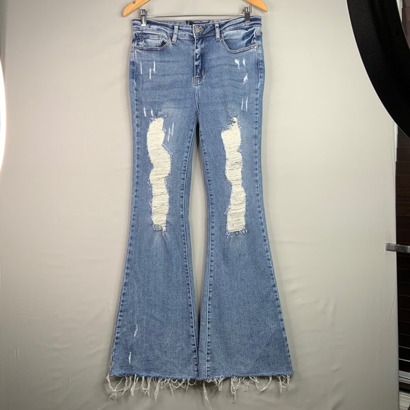 Judy Blue Denim Flare Jeans Size 9/29 Distressed Raw Hem Light Wash - Picture 1 of 9